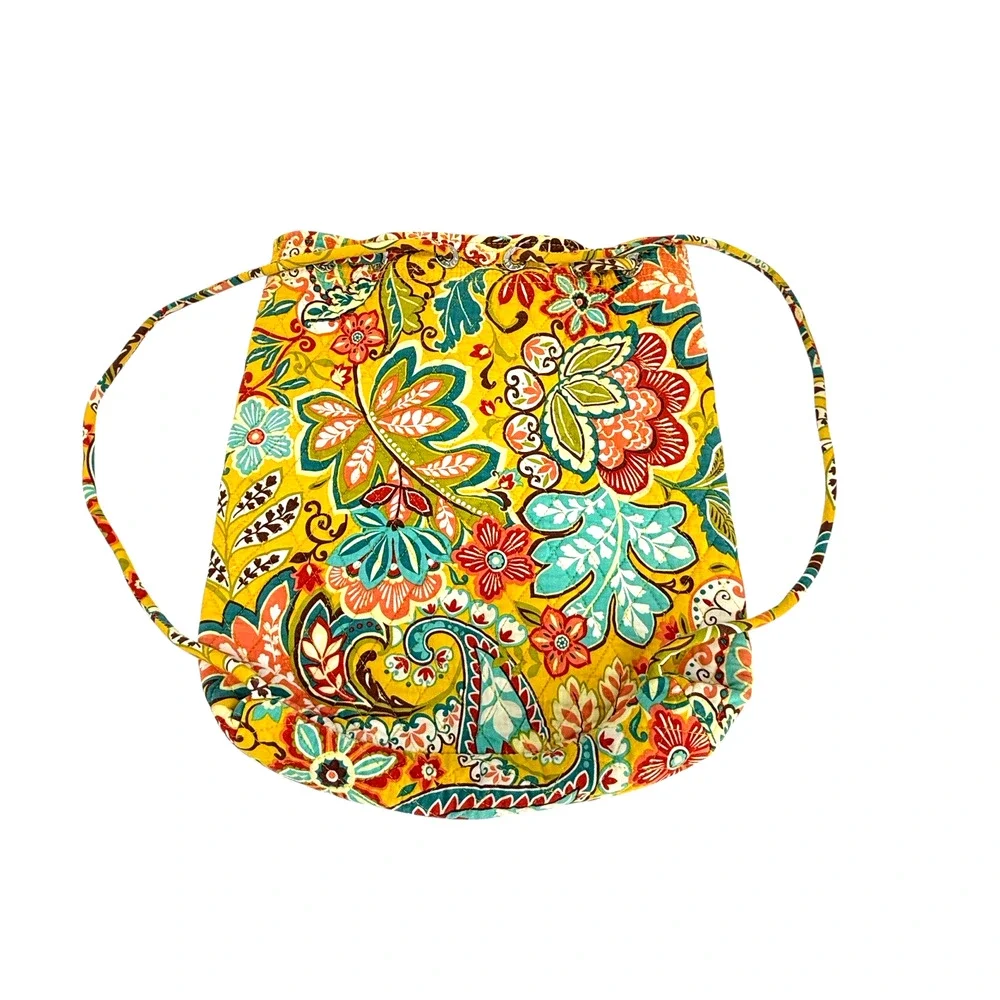 Vera Bradley Provencal Drawstring Backsack Front Pocket Quilt Yellow Blu Retired